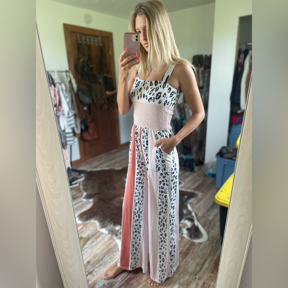 Leopard stripe smocked jumpsuit
